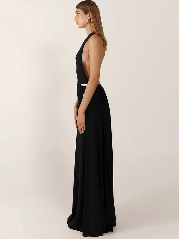 Sibybo Oblique Shoulder Sleeveless Ruched Maxi Dress For Women Gown Elegant Metal Rings Backless Bodycon Long Dresses Vestidos