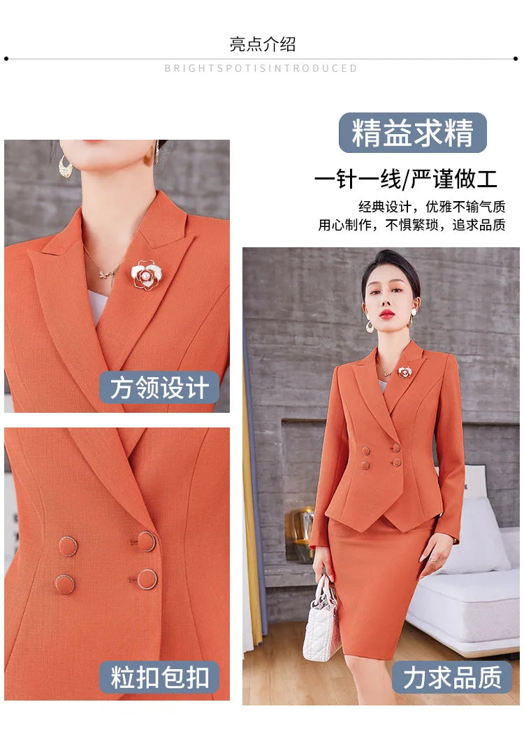 Navy Blue Suits Women 2023 New Spring Autumn Professional Long Sleeve Slim Blazer And Skirt Sets Office Ladies Work Wear Orange