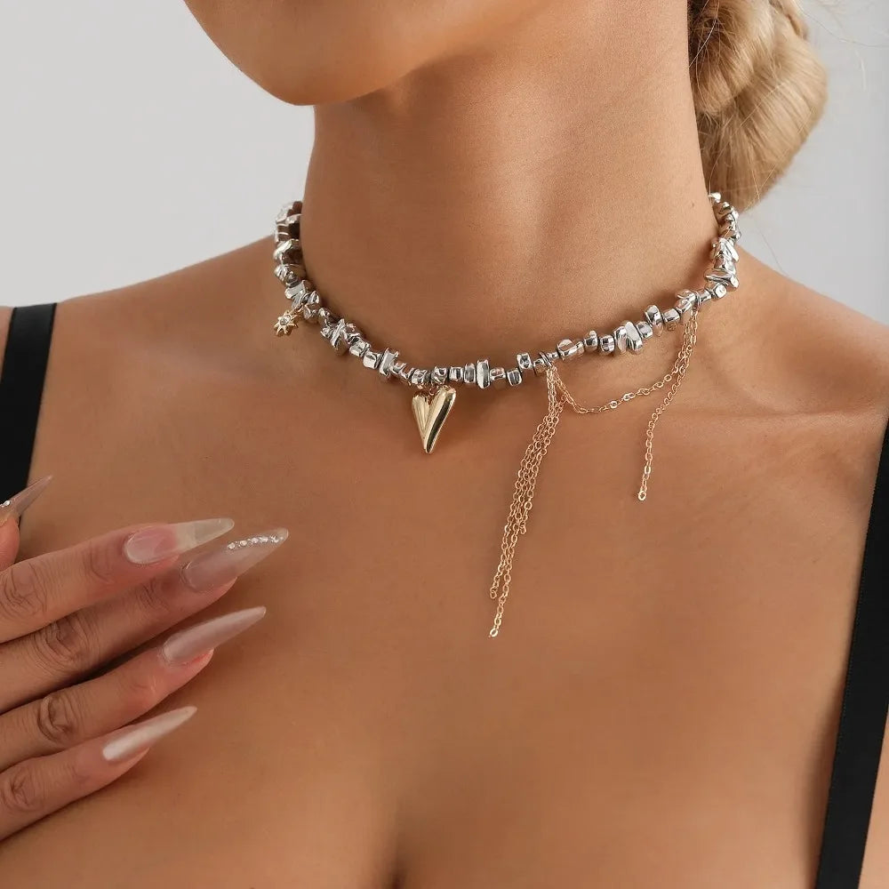 Fashion Heart Beaded Necklace for Women Boho Elegant Irregular Crystal Chain Y2K Choker Exquisite Party Gift Jewelry Accessories
