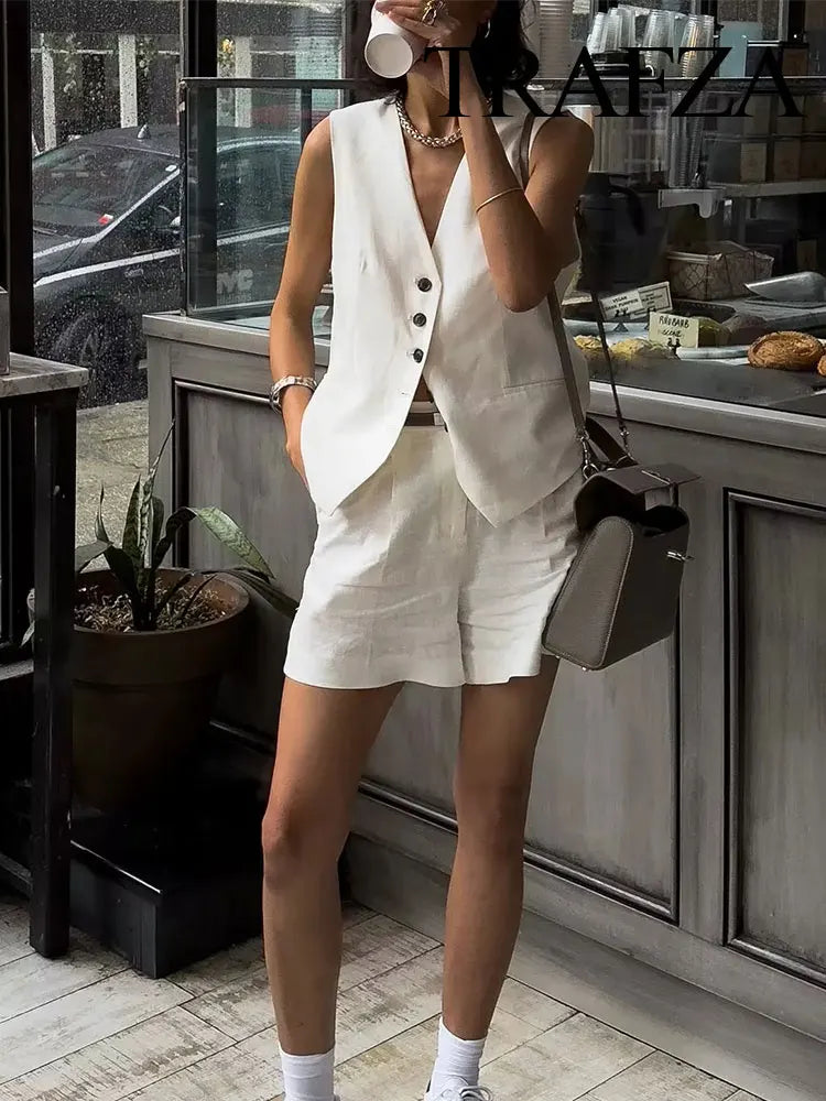 TRAFZA Women's Fashion Solid Linen Waistcoat Top V Neck Button Loose Casual Vest Summer Woman Streetwear Chic Vests Waistcoat