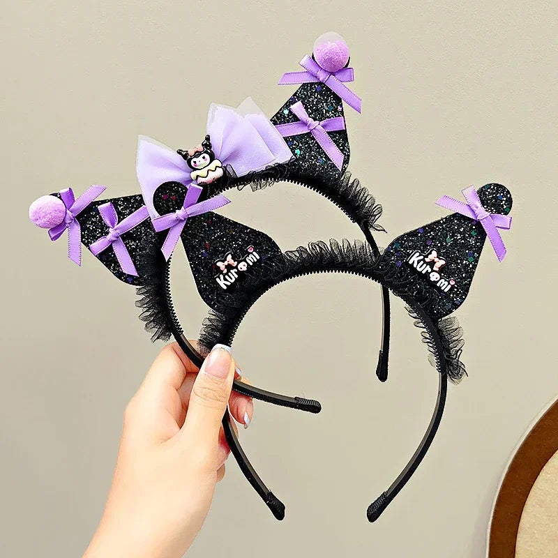 Kawaii Sanrio Kuromi Children Headband Hello Kitty Melody Cinnamoroll Cartoon Bow Shiny Hairband Hair Accessories Christmas Gift