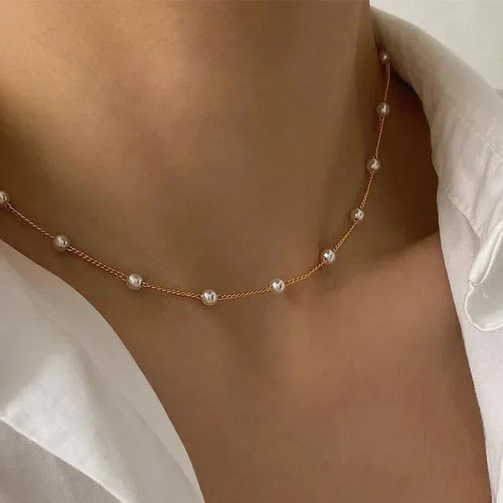 Pearl Dainty Adjustable Double Layer Chain Pendant Necklaces Gold Plated Pearl Tiny Chain Delicate Mother's Valentine Jewelry