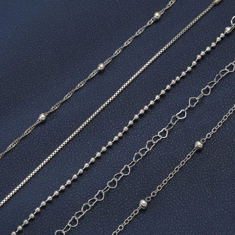 5-piece Bracelet Set, Women's Alloy Round Bead Heart Chain, Minimalist Box Chain Bracelet