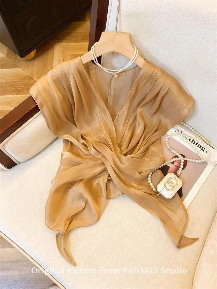 French Cross V-Neck Chiffon Blouse Women's Summer Premium Linen Sleeveless Irregular Tulle Top