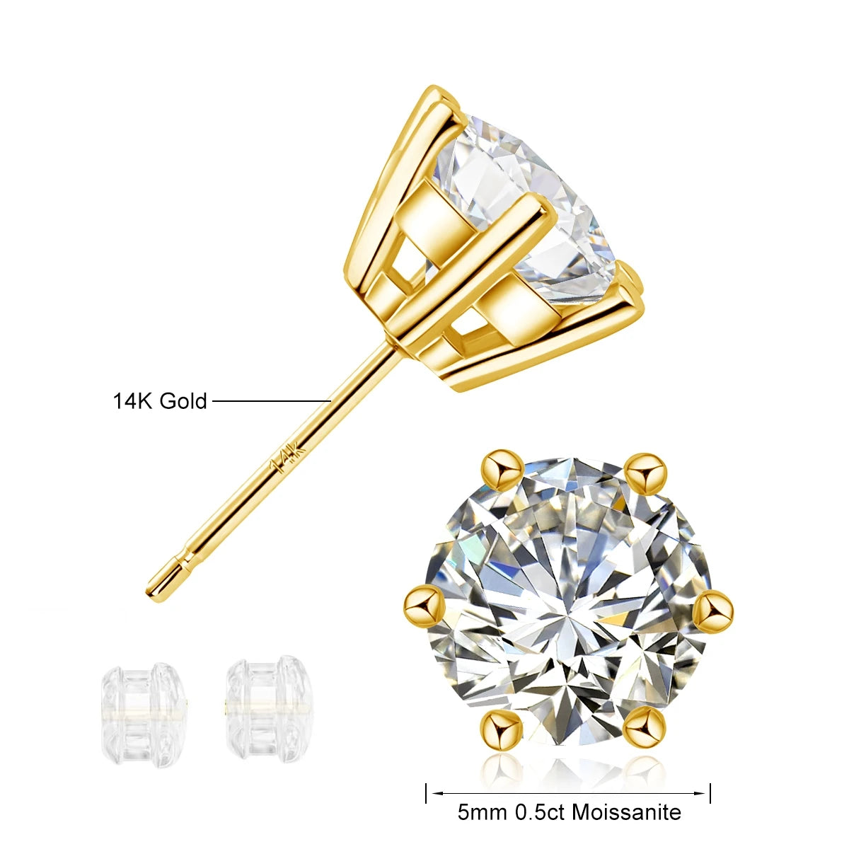 Hypoallergenic Real 14K Gold Earrings GRA Moissanite Ear Stud for Women Men Lover 0.5ct 1ct 2ct Round Earing Wedding Jewelry