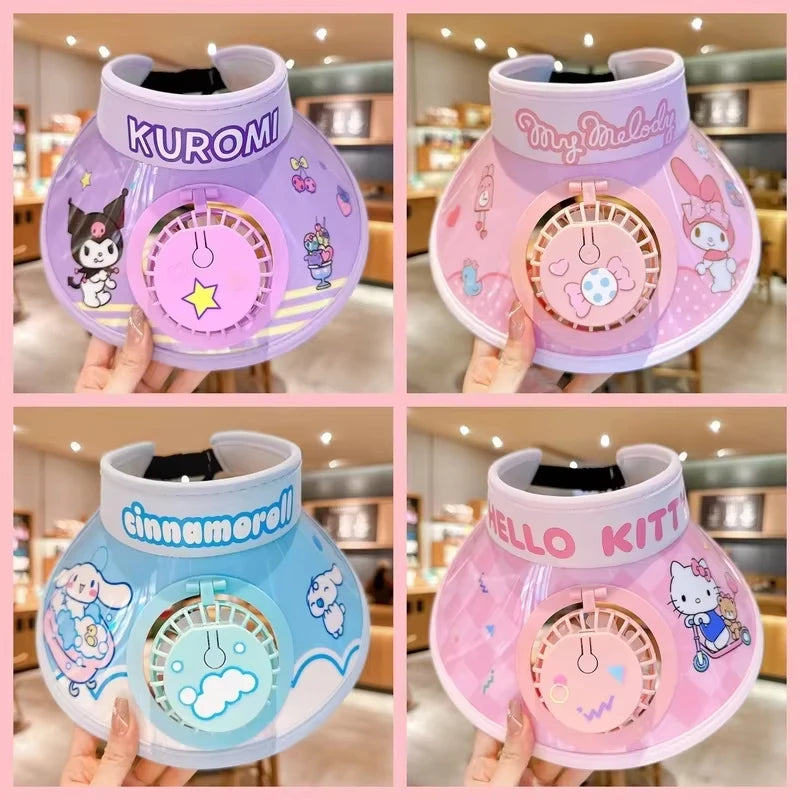 New Cute Kuromi Kids Sun Hat with Cooling Fan Summer Breathable Uv Protection Cap for Boys Girls Outdoor Play Wide Brim Visor