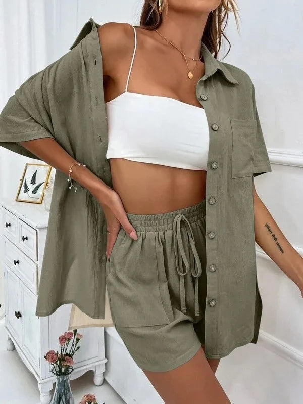 Long Sleeve Single breasted Top Broad legged Shorts Set Fashion Ladies Sexy Solid Suits 2024 Summer 2 Piece Outfits For Women