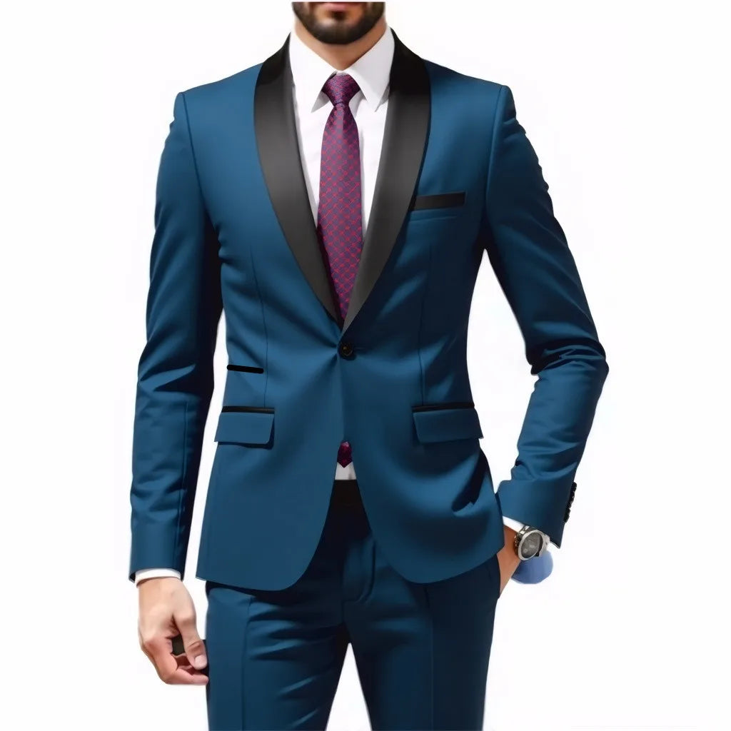A Two-piece Suit for Men with A Green Collar, A Wedding Suit for The Groom, A Fitted Black Best Man's Suit, and A Wedding Dress