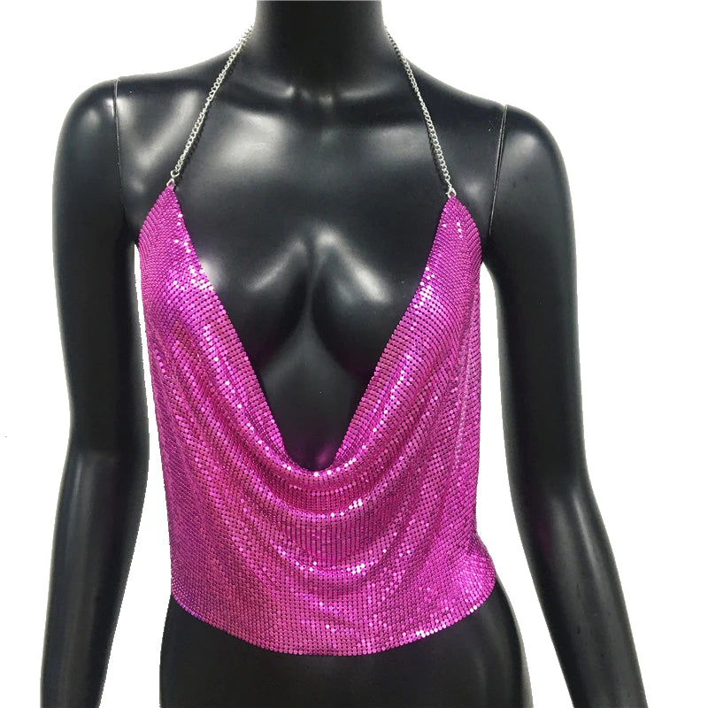 Festival Brilliant Rhinestone Backless Party Crop Top Women 2022 Summer Glitter Evening V Neck Diamonds Metal Tank Tops