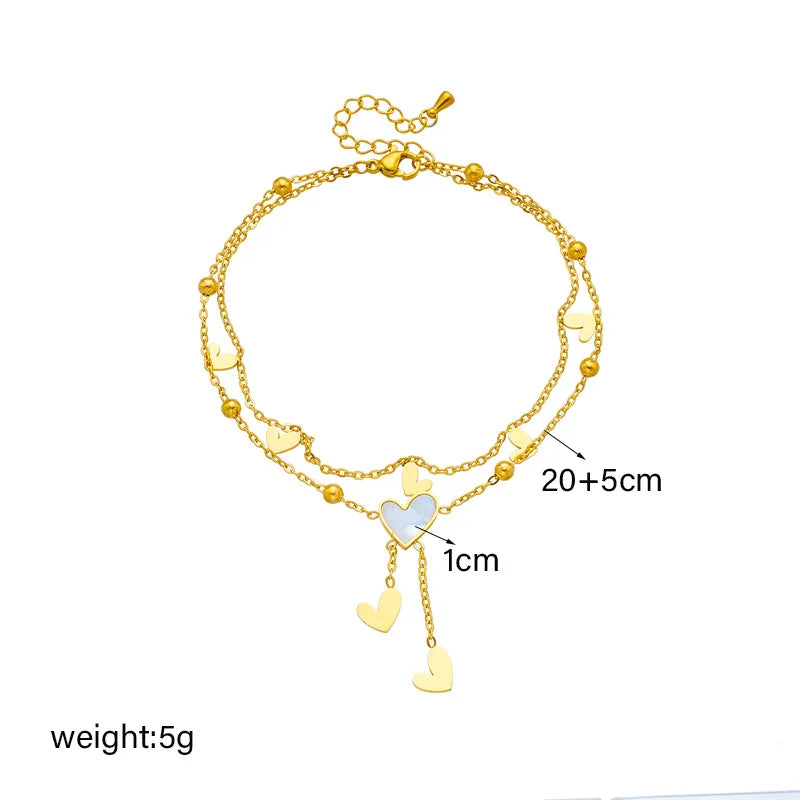 ZAKOL Stainless Steel Heart Love Anklets For Women Girl Fashion Double Layer Chains Ankle Accessories Jewelry Gift