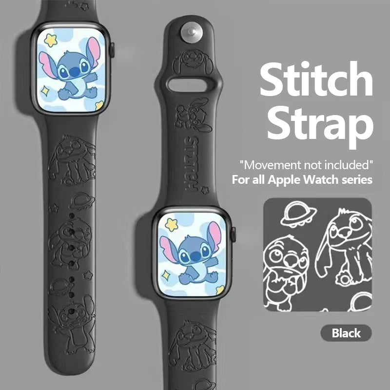 ハローキティとスティッチのシリコンバンド、Apple Watch用、38-45mm、Saniro製、3Dレーザー彫刻、iWatchシリーズSE、7、5、6、8、9、Ultra 2対応