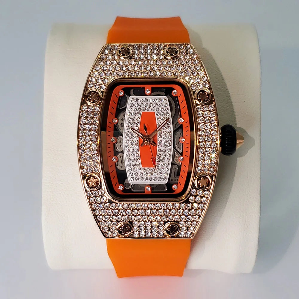 Luxury Diamond Watch For Women Elegant Tonneau Original Design Watches Fashion Ice Out Sport Rubber Strap Waterproof Mille Clock