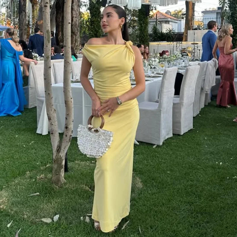 TRAF Asymmetrical Long Dresses 2025 Woman Sleeveless Yellow Midi Dress Ruched Bodycon Party Dresses Women Slit Elegant Dress 088