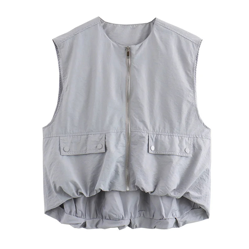 SIYANG Women Fashion Chic Loose Sleeveless Pockets Vests Female O-Neck Pleated Hem Waistcoats Ladies Casual Streetwear