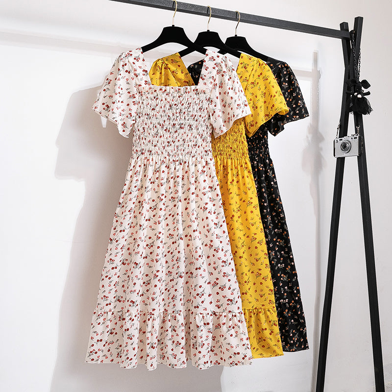 Summer Autumn Fashion Female Short Sleeve Elastic Waist Printed Floral A-line Midi Dress Women Chiffon Dresses Casual Dress