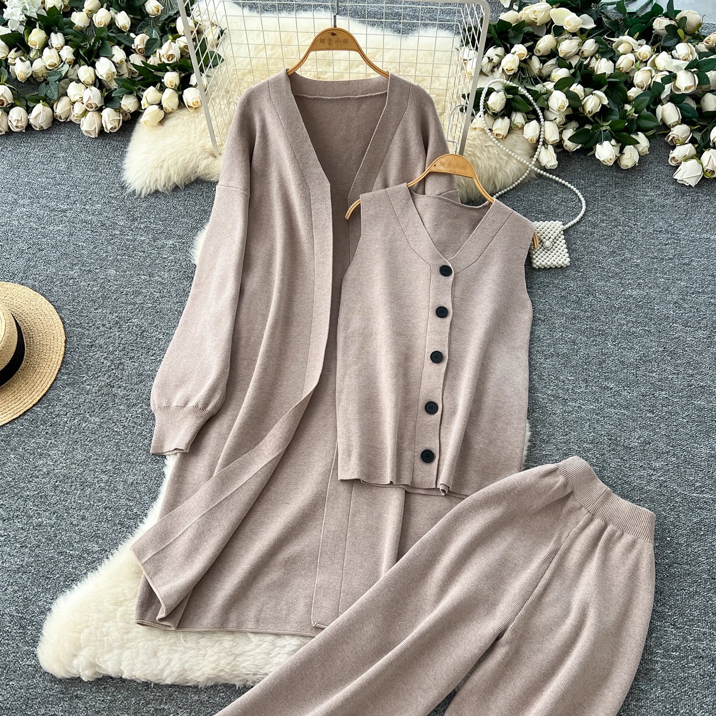 SINGREINY Autumn Knitted Warm Suits V Neck Buttons Vest+Full Sleeve Long Cardigans+Wide Legs Pants Women Solid Three Pieces Sets