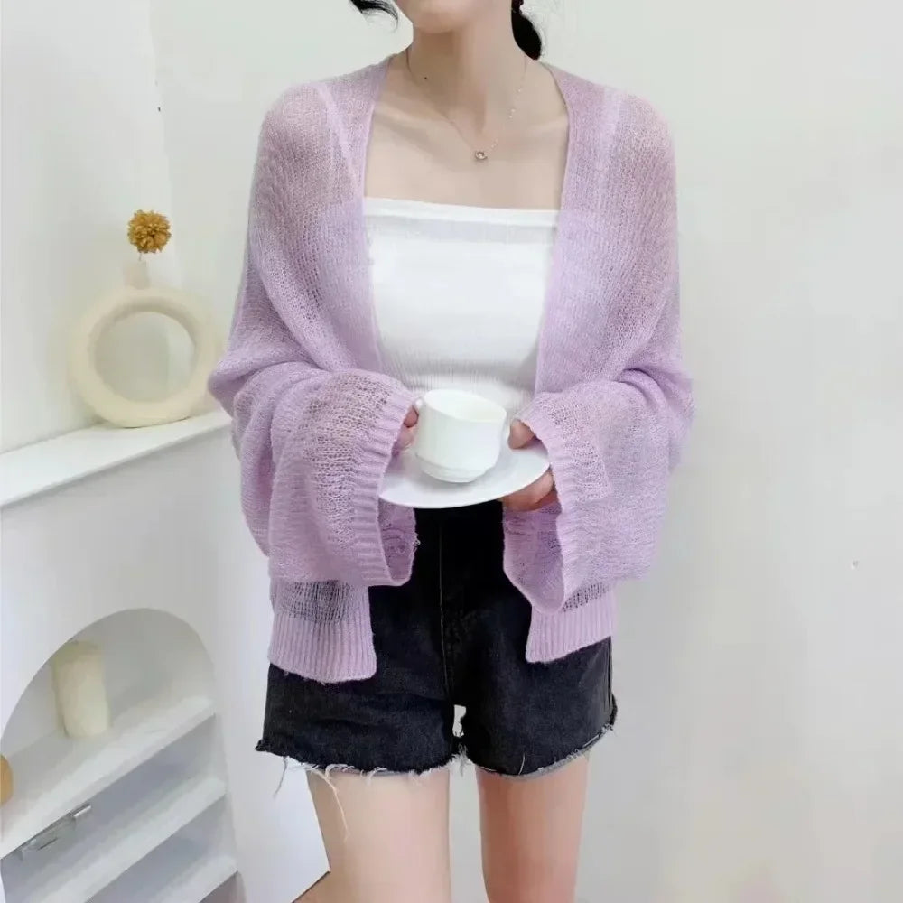 Women's Y2K Korean Cropped Cardigan - Loose Knit Summer Cover-Up for Beach Outfits & Casual Layers