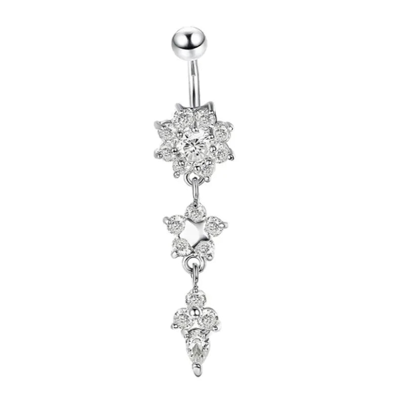Alloy Zircon Navel Nail Ring Crystal Bar Barbell Drop Flower Dangle Body Piercing Belly Button Rings Men Women Body Jewelry Gift
