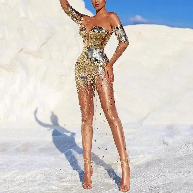 Sexy Dresses for Women One-shoulder Birthday Party Evening Dress Female Long Sleeve Gothic Sequins Elegant Ladies Clothes Dress
