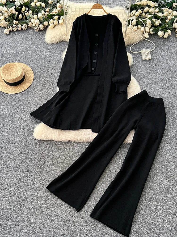 SINGREINY Autumn Knitted Warm Suits V Neck Buttons Vest+Full Sleeve Long Cardigans+Wide Legs Pants Women Solid Three Pieces Sets