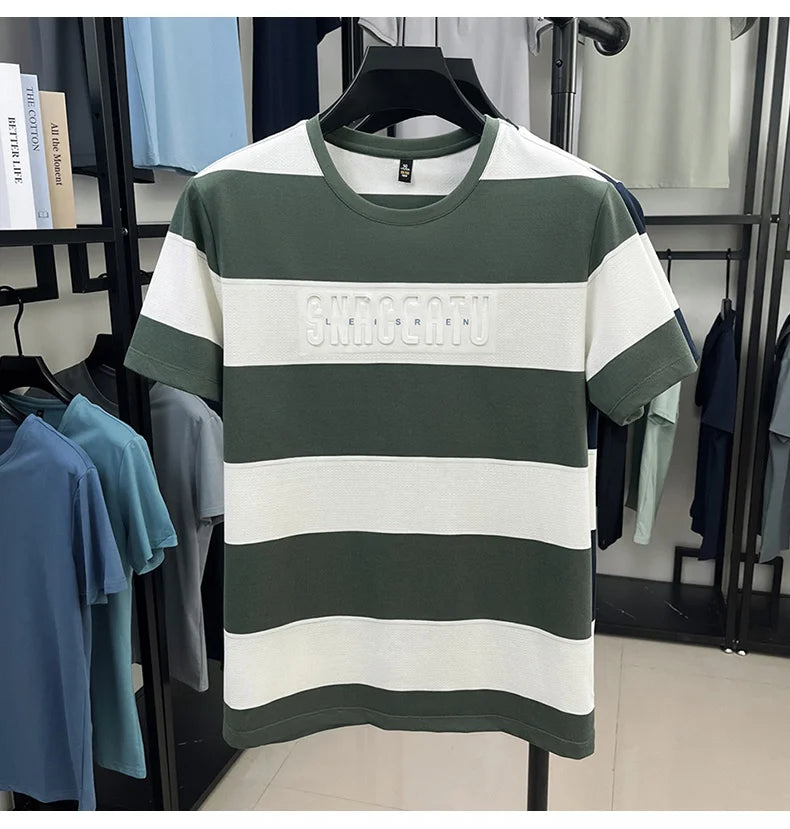 Top Grade Yarn Dyed Striped New Summer Tops Designer Round Neck Tshirt Men 2025 Brand Short Sleeve Casual Fashion Men Clothing