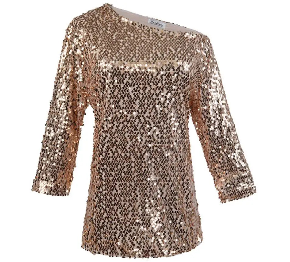 New Fashion Sexy Mid Sleeve Slanted Shoulder Sequin Solid Color Slim Fit T-shirt For Women,2 Colors