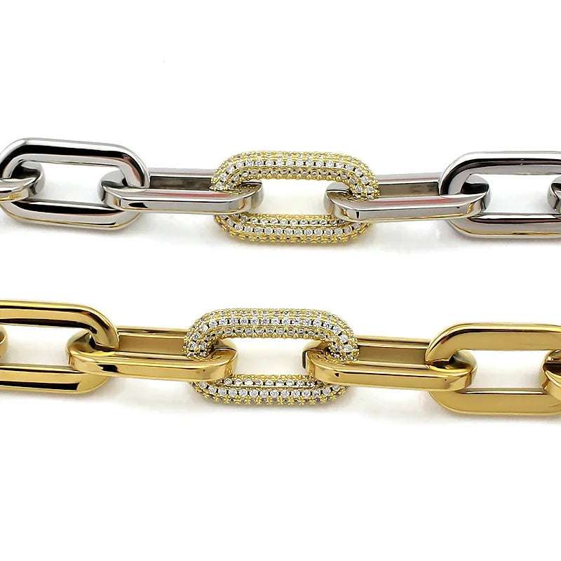 Fashion Women Big Chunky Bracelets Chains with Blink Rhinestones Link Gold Silver Color Surgical Stainless Steel Bracelets