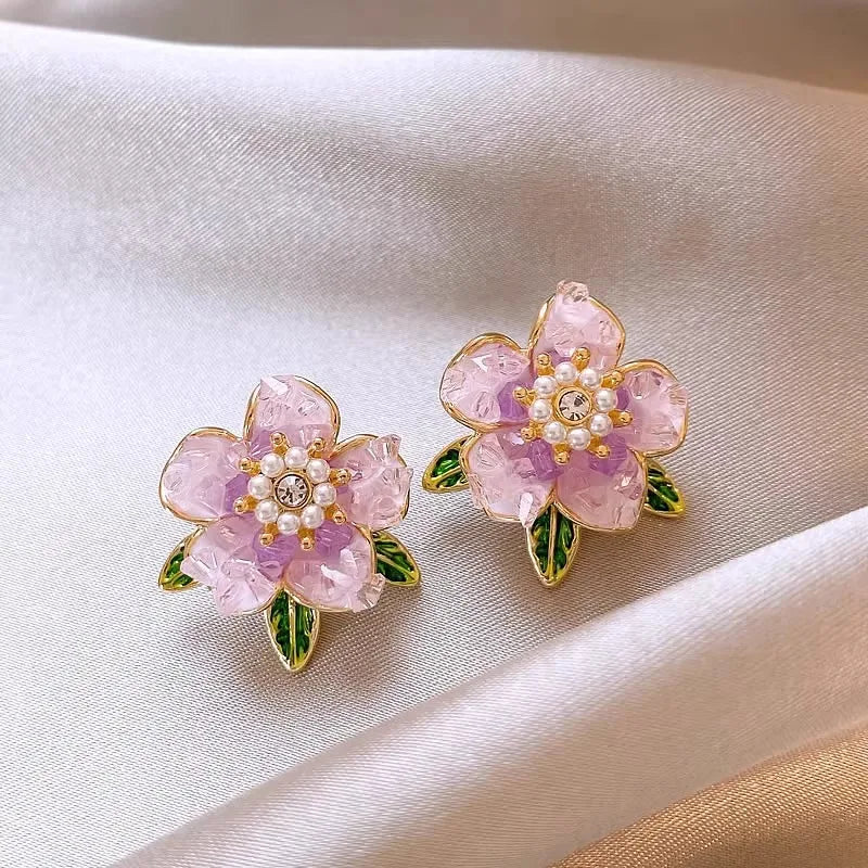 Korean Fashion Pink Blue Crystal Camellia Flower Earrings For Women Elegant Pearl Rhinestone Flowers Stud Earring Casual Jewelry