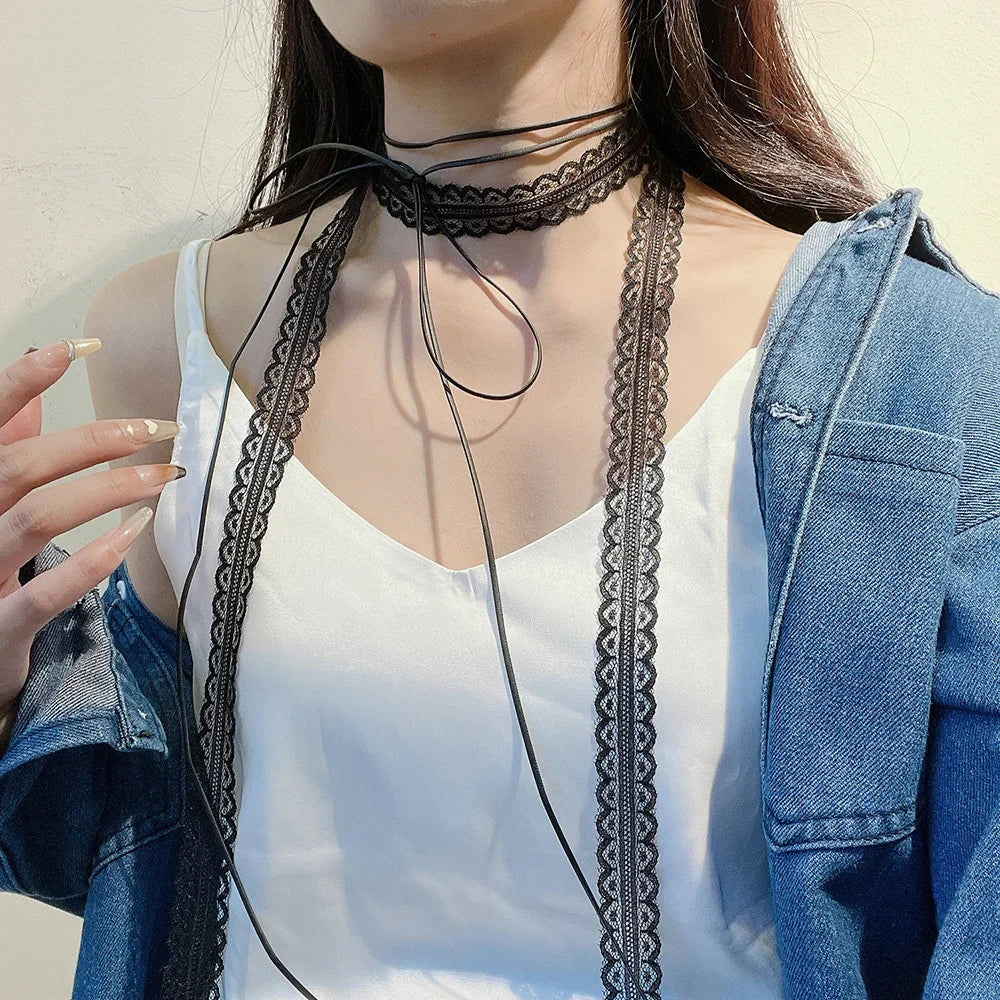 Fashion Choker Necklace for Women Sexy Black White Lace Bowknot Pendant Short Clavicle Chain Gothic Chokers Aesthetic Jewelry