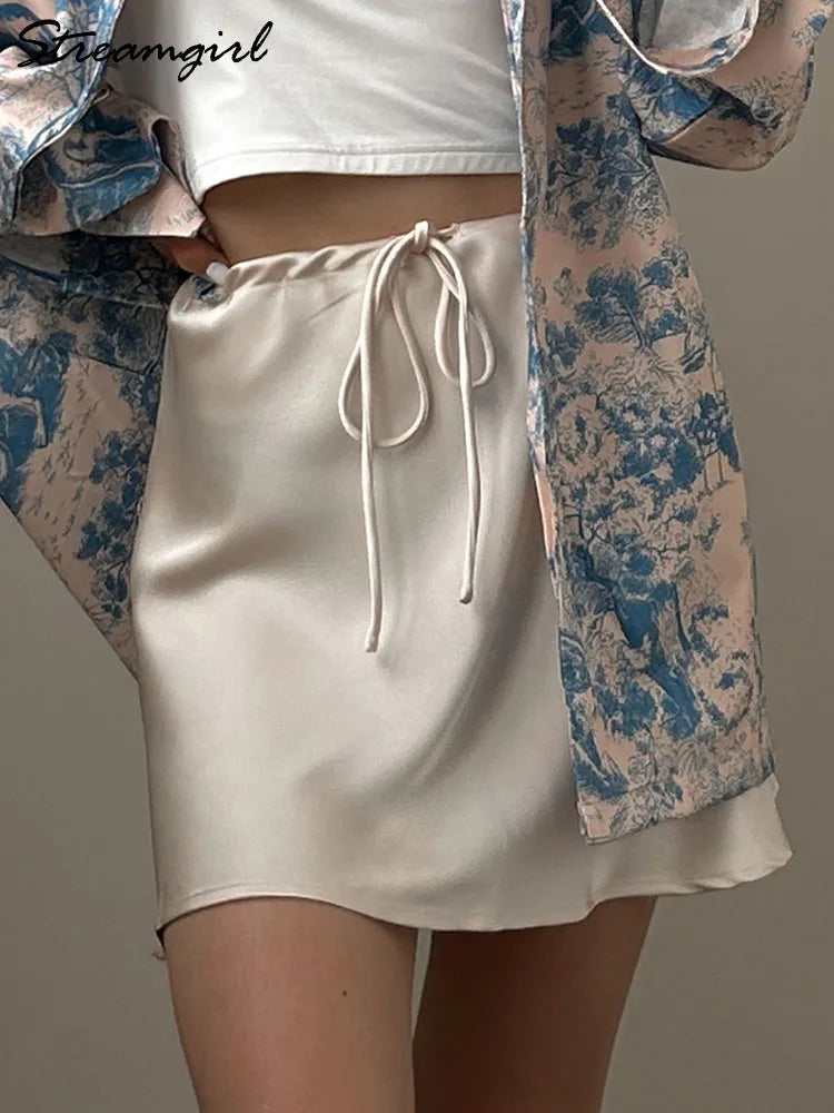 Satin Mini Skirts Women Summer Beige Silk Short Skirt For Woman Drawstring High Waist Black Satin Skirt A Line Women Short 2025