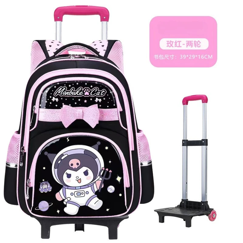 New Kuromi Trolley School Bag Melody Girls Trolley Bag Stationery Storage 2 Wheels/6 Wheels Telescopic Folding Climbing Floors