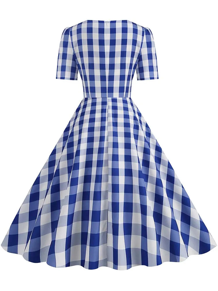 Green Plaid Swing Party Dresses Women Elegant Vintage Square Collar Short Sleeve Casual Summer Dress