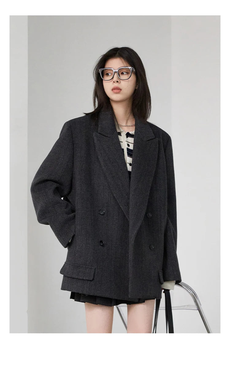 CHIC VEN Women Woolen Blazer Loose Vintage V Neck Female Jacket Suit Double Breasted Office Ladies Coat Spring Autumn 2025