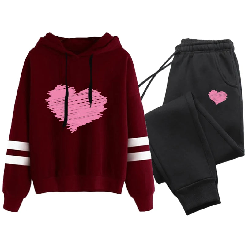 Cute Heart Printed Hoodies Sweatpants Woman Daily Casual Sports Jogging Suit Home Outdoor Comfort Warm Outfit Women's Clothes