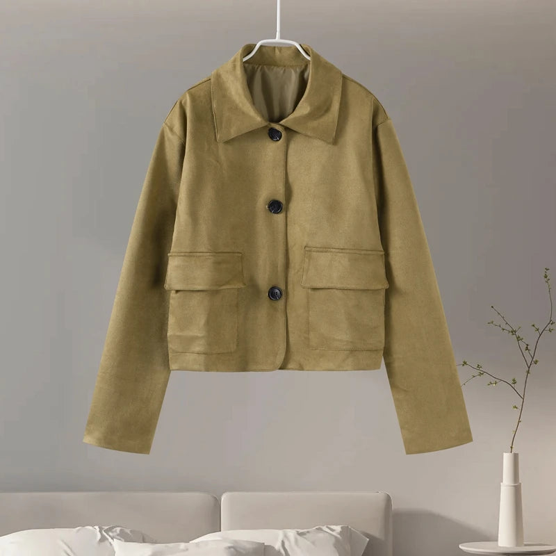 Retro Suede Jackets Women Elegant Single Breasted Lapel Brown Coats Female 2024 Autumn Winter Fashion Soft Pocket Outwears Lady