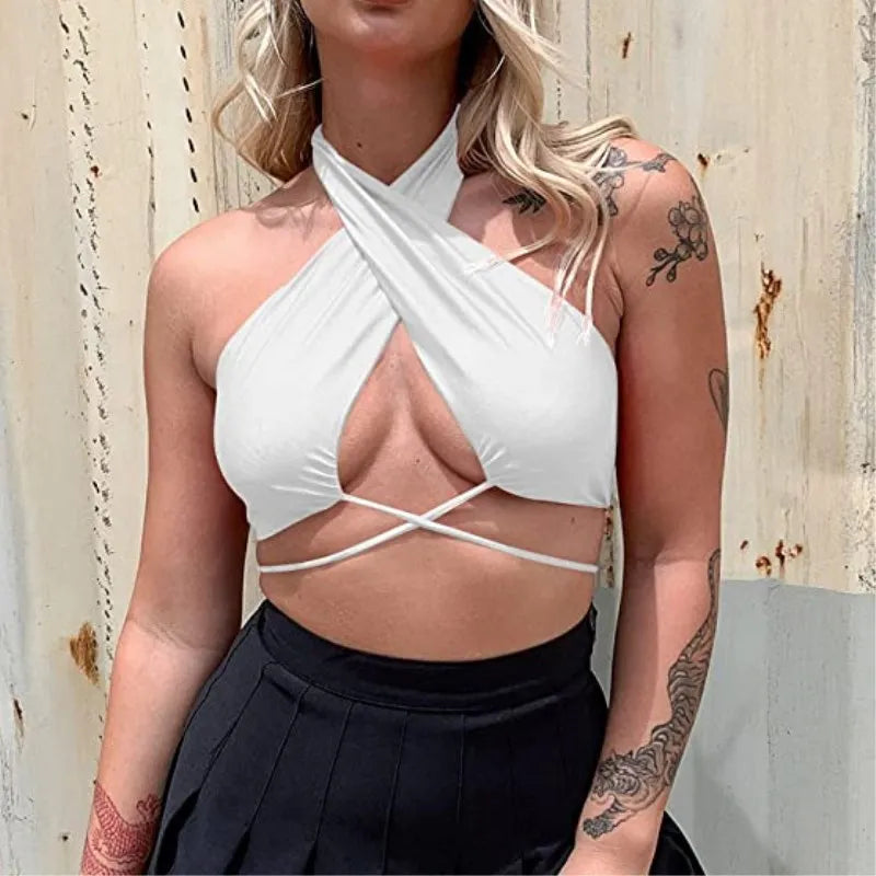 Y2K Women’s Sexy Tops 2023 New Sexy Solid Fitted Halter Backless Crop Tops Summer Party Women Sleeveless Vest