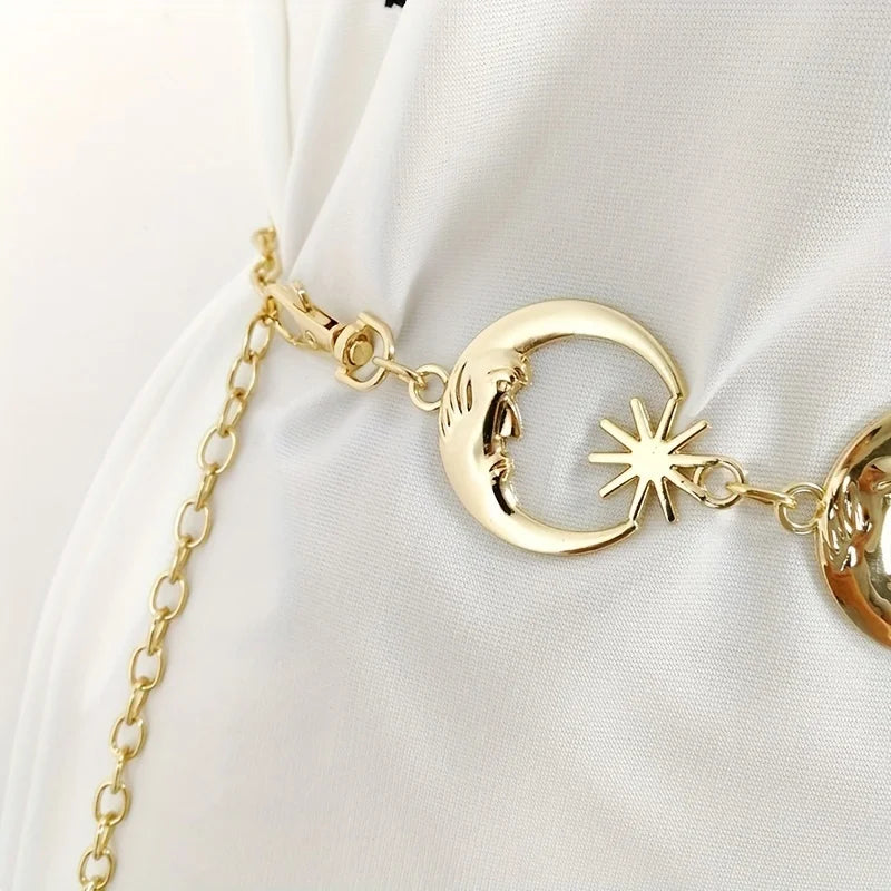 Boho Moon Sun Hollow Waist Chain Y2K Trend Tassel Dress Chain Women Adjustable Body Belts Belly Jewelry