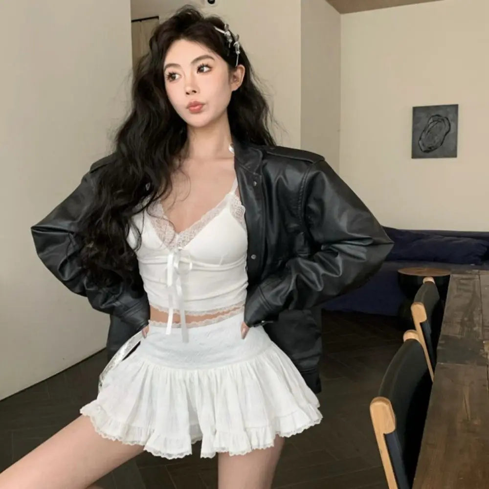 Sensually Innocent Style Ribbon Lace Camisole Slim Fit Ballet Summer Tube Top with Breast Pad INS Hip Hop Short Tank Women Girl