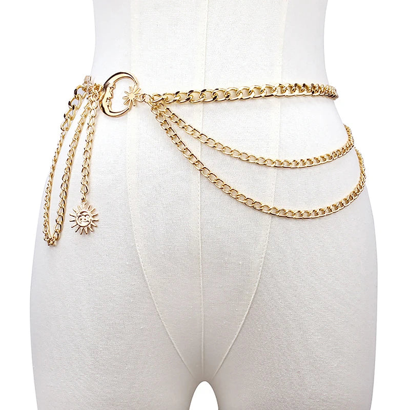 1Pc Women Waist Chain Belt for Dress Skirt Belts with Moon Star Waistbands Gold Silver Ladies Clothing Accessories