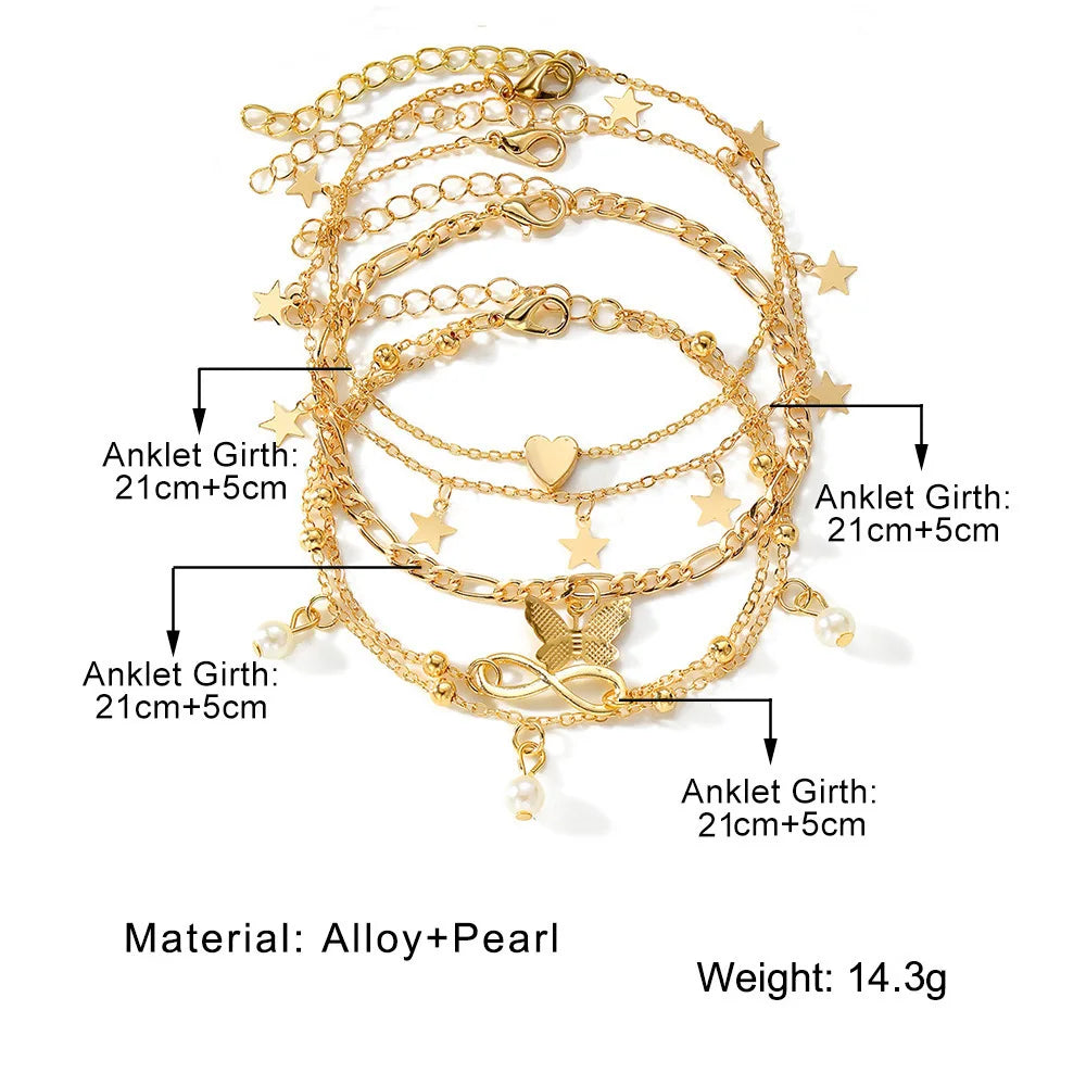 Bohemia Butterfly Anklet Set For Women Star Heart Pearl Charm Ankle Bracelet Female Summer Vacation Beach Jewelry Accessories