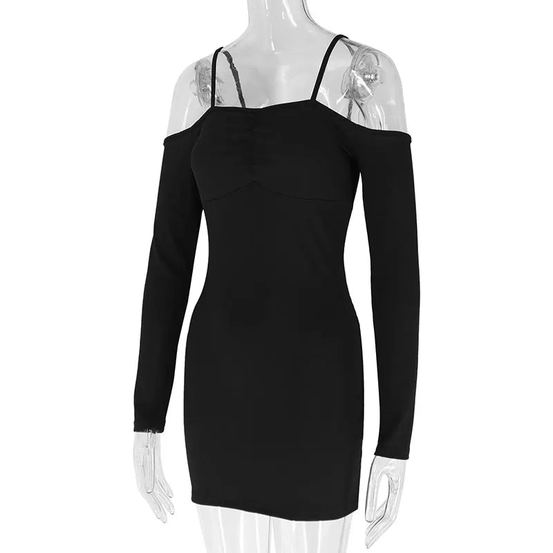 Black Sexy Mini Dresses Women Autumn New Streetwear Fashion Long Sleeves Lace-up Casual Slim Dress Off Shoulder Backless Dresses