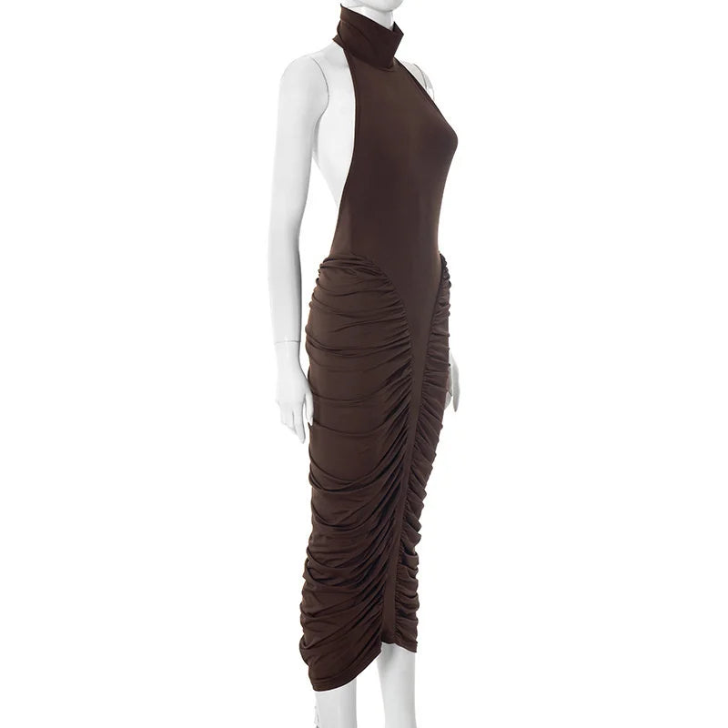 Mozision Turtleneck Backless Ruched Sexy Maxi Dress Women Brown Off-shoulder Backless Bodycon Club Party Long Dresses Female