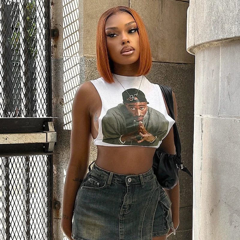 CUTENOVA 2024 Women'S Summer New Retro 3D Print Sexy Tank Tops Street Hipster O Neck Sleeveless Cut Out Vest Club Crop Tops