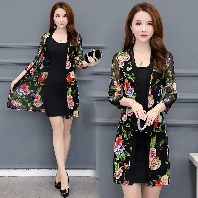 2024 Female Mid Length Large Size Sun Protection Cardigan Tops Coat Women Summer Gauze Lace Print Thin Sun Sunscreen Jacket 5XL