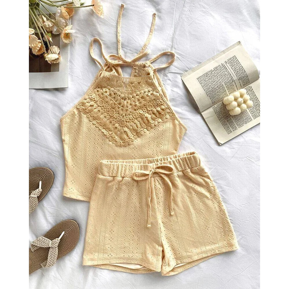 Summer Sexy Women 2 Pieces Outfits Set Contrast Lace Halter Sleeveless Knit Tank and Strechy Waist Drawstring Knit Shorts Set