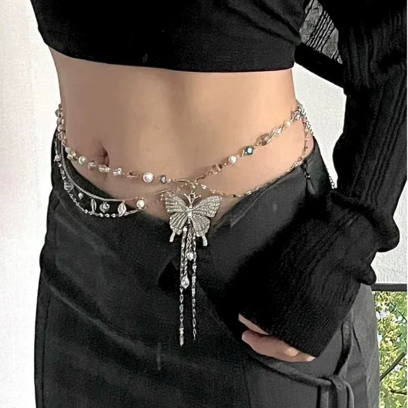 Y2K Designer belt Jewelry Multilayer Pearl waist chain for Women's Fashion Retro Character Playing Body Accessories Party Belts