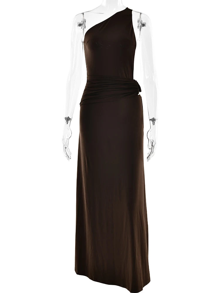 Sibybo Oblique Shoulder Sleeveless Ruched Maxi Dress For Women Gown Elegant Metal Rings Backless Bodycon Long Dresses Vestidos
