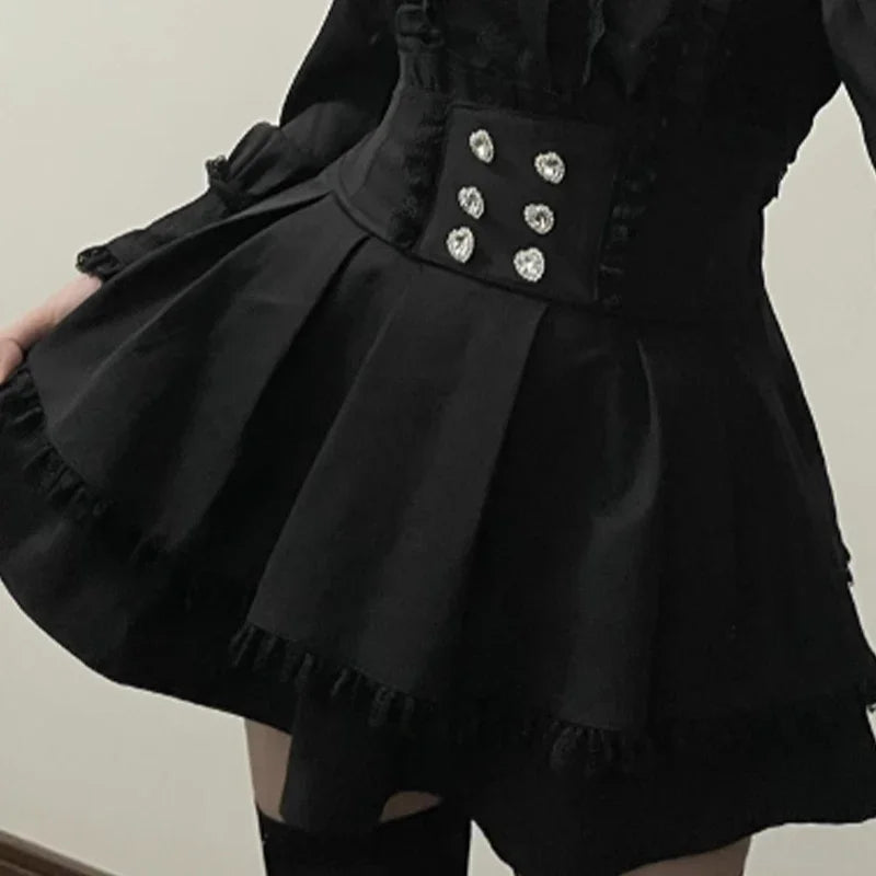 Kawaii Off Shoulder Long Sleeve Shirts Women Black Short Skirt Set Y2K Gothic Ruffle Skirts Lace Lolita Shirt Gown Suit 