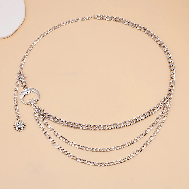 1Pc Women Waist Chain Belt for Dress Skirt Belts with Moon Star Waistbands Gold Silver Ladies Clothing Accessories