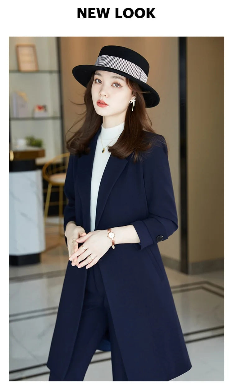 2022 Winter High-end Women's Business Suit Pants Two-piece Set Temperament Slim Solid Color Lady Double Breasted Trench Coat